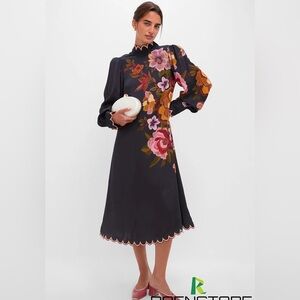 FARM Rio Black Midi Dress with Pink and Orange Floral Embroidery
